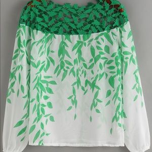 Boat Neck Lace Insert Print Chiffon Shirt